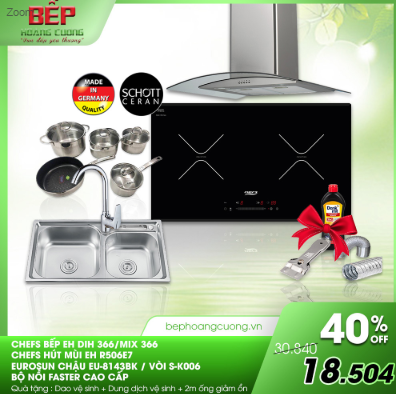 COMBO 15: Bếp từ Chefs EH-DIH366 + hút mùi EH-R506E7 + chậu Eurosun EU-8143BK + vòi S-K006 + bộ nồi Faster Melody
