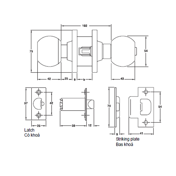 Kích thước của Khóa tay nắm tròn cửa kho loại lớn Hafele 911.64.270 Kích thước của Khóa tay nắm tròn cửa kho loại lớn Hafele 911.64.270