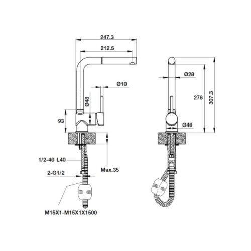 Kích thước vòi rửa chén Hafele HT19-GH1P278 570.51.580