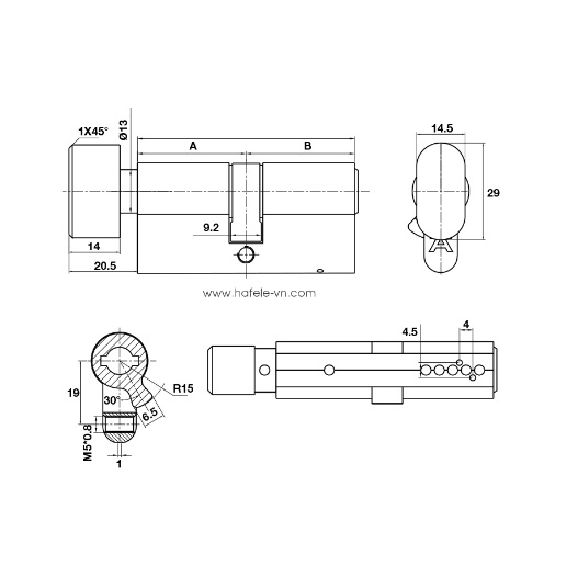 Kích thước của Ruột khóa 1 đầu chìa 1 đầu vặn 65mm Hafele 489.56.003 Kích thước của Ruột khóa 1 đầu chìa 1 đầu vặn 65mm Hafele 489.56.003