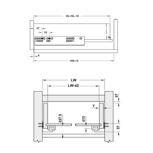 Ray âm EPC Evo 400mm giảm chấn Hafele 433.32.073 4 Kích thước ray âm EPC Evo 400mm giảm chấn Hafele 433.32.073