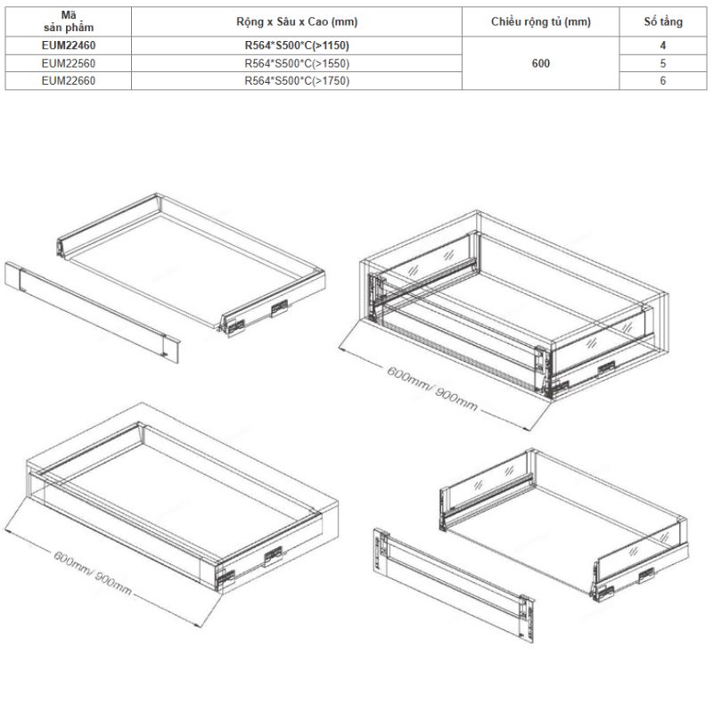 Kích thước tủ kho ngăn kéo độc lập Eurogold EUM22660 Kích thước tủ kho ngăn kéo độc lập Eurogold EUM22660
