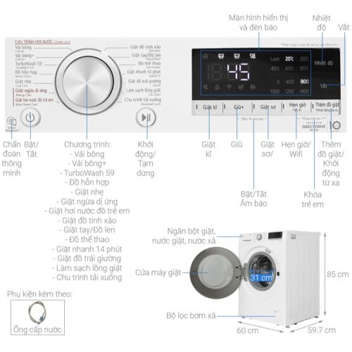 Thông số kỹ thuật máy giặt LG 10kg FV1410S4W1 ABWPEVN cửa trước