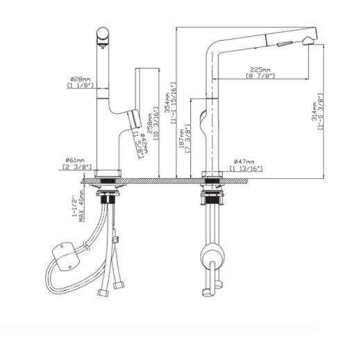 Vòi rửa bát nóng lạnh Kluger KLF0001C có dây rút 4 Kích thước vòi rửa bát nóng lạnh Kluger KLF0001C có dây rút