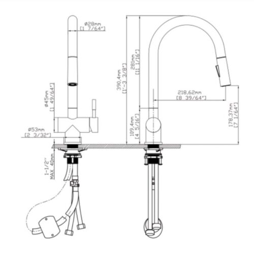 Vòi rửa bát nóng lạnh Kluger KLF0008B có dây rút 5 Kích thước vòi rửa bát nóng lạnh Kluger KLF0008B có dây rút