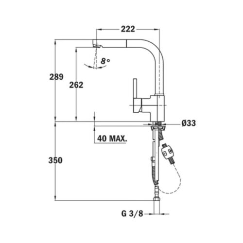 Vòi rửa bát nóng lạnh MAESTRO ARK 938 Teka ARK 938 239381210 có dây rút 3 Kích thước vòi rửa bát nóng lạnh Teka MAESTRO ARK 938 239381210 có dây rút