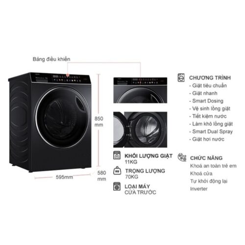 Kích thước máy Giặt Aqua Inverter 11 Kg AQD-DDW1100J.BK cửa trước