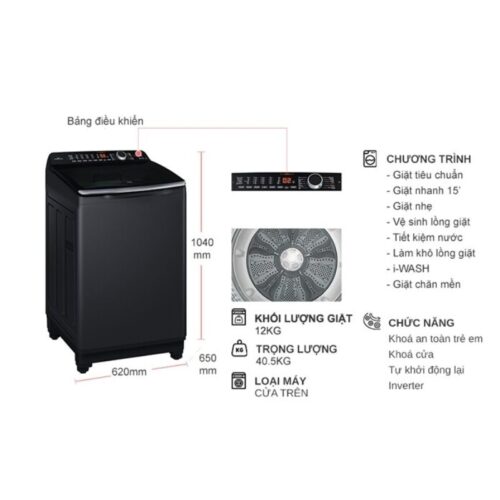 Kích thước máy Giặt Aqua Inverter 12 Kg AQW-DR120HT.BK cửa trên