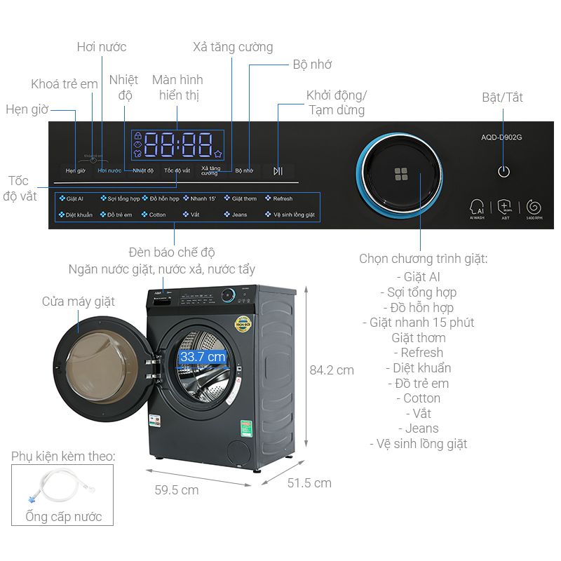 Kích thước máy Giặt Aqua Inverter 9 Kg AQD-D903G.BK cửa trước Kích thước máy Giặt Aqua Inverter 9 Kg AQD-D903G.BK cửa trước
