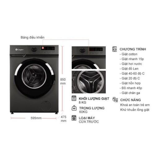 Kích thước máy Giặt Casper Inverter 8 Kg WF-8VG1 cửa trước