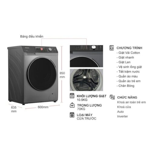 Kích thước máy Giặt Hitachi Inverter 10.5 Kg BD-1054HVOS cửa trước