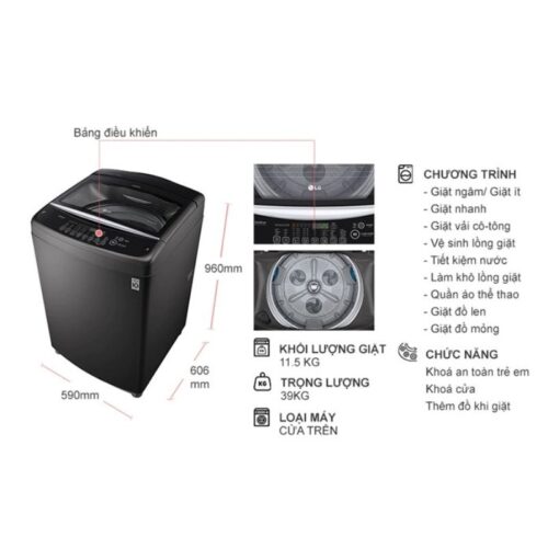 Kích thước máy Giặt LG Inverter 11.5 Kg T2351VSAB cửa trên