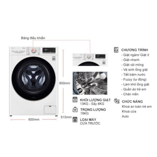 Kích thước máy Giặt LG Inverter 13 Kg FV1413S3WA cửa trước
