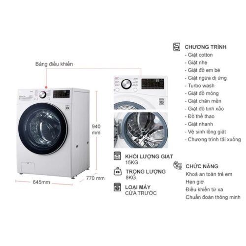 Kích thước máy Giặt LG Inverter 15 Kg F2515STGW cửa trước