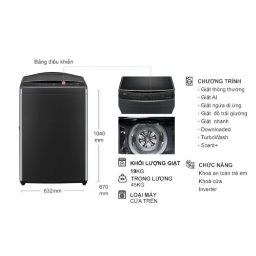 Máy Giặt LG Inverter 19 Kg TV2519SV7J cửa trên 5 Kích thước máy Giặt LG Inverter 19 Kg TV2519SV7J cửa trên