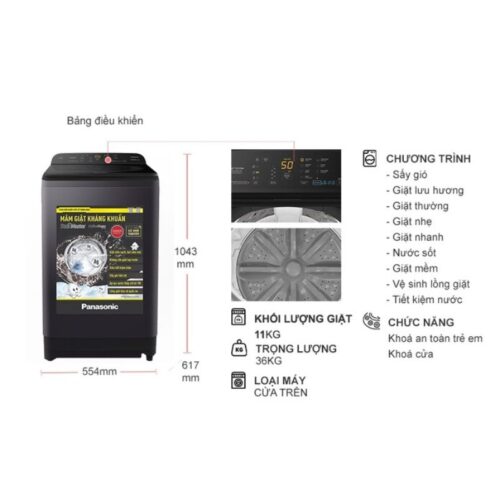 Kích thước máy Giặt Panasonic 11 Kg NA-F110A9BRV cửa trên