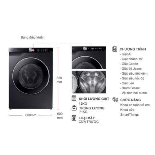 Kích thước máy Giặt Samsung AI EcoBubble Inverter 12 kg WW12CG604DLBSV cửa trước