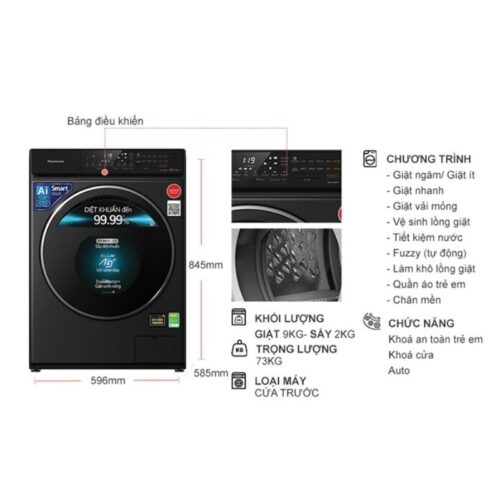 Kích thước máy Giặt Sấy Panasonic Inverter Giặt 9 Kg - Sấy 2 Kg NA-V90FR1BVT