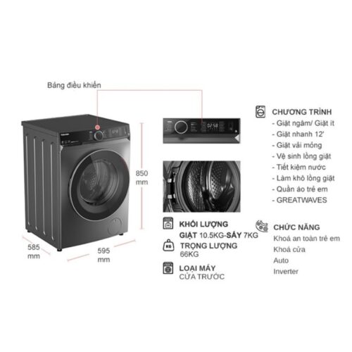 Kích thước máy Giặt Sấy Toshiba Inverter Giặt 10.5 Kg - Sấy 7 Kg TWD-BM115GF4V(SK)