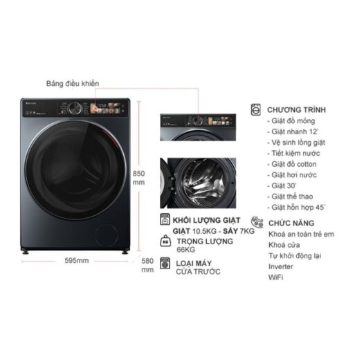 Kích thước máy Giặt Sấy Toshiba Inverter Giặt 10.5 Kg - Sấy 7 Kg TWD-T25BZU115MWV(MG)
