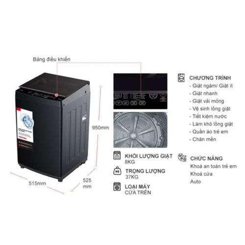 Máy Giặt Toshiba 8 Kg AW-M905BV(MK) cửa trên 4 Kích thước máy Giặt Toshiba 8 Kg AW-M905BV(MK) cửa trên