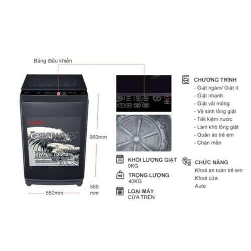 Kích thước máy Giặt Toshiba 9 Kg AW-M1000FV(MK) cửa trên