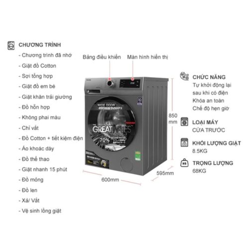 Kích thước máy Giặt Toshiba Inverter 8.5 Kg TW-BK95S3V (SK) cửa trước