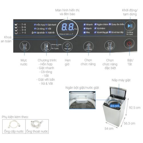 Kích thước máy Giặt Whirlpool 8.5 Kg VWVC8502FS cửa trên