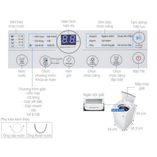 Kích thước máy Giặt Whirlpool 8.5 Kg VWVC8502FW cửa trên