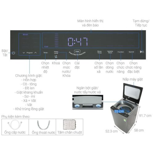 Kích thước máy Giặt Whirlpool Inverter 10 Kg VWIID1002FG cửa trên