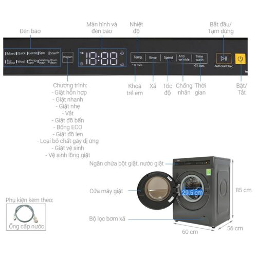 Kích thước máy Giặt Whirlpool Inverter 9 Kg FWEB9002FG cửa trước