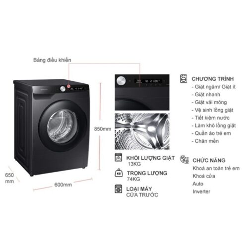 Kích thước máy Giặt Samsung Inverter 13 Kg WW13T504DAB cửa trước