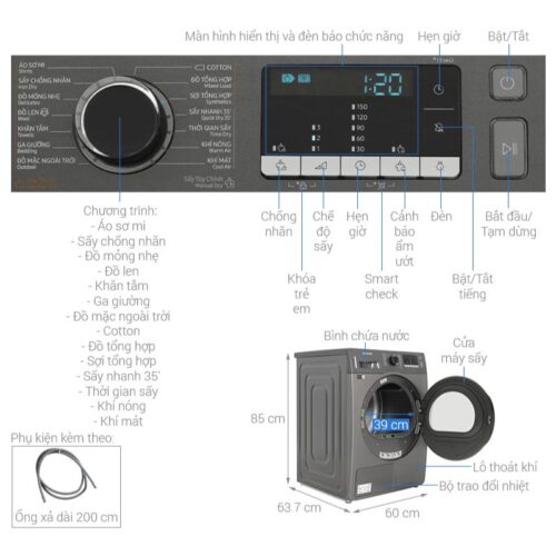 Kích thước máy Sấy Bơm Nhiệt Samsung 9 Kg DV90TA240AX/SV