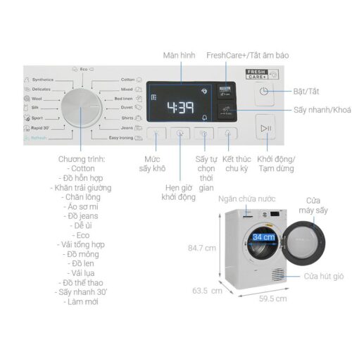 Kích thước máy Sấy Ngưng Tụ Whirlpool 8 Kg FFTCM118XBEE