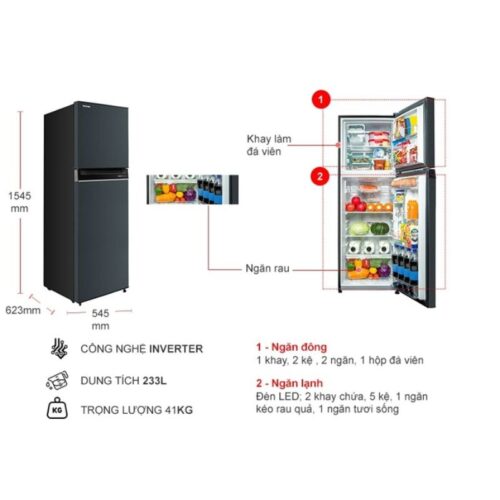 Kích thước tủ Lạnh 2 cánh Inverter 233 Lít Toshiba GR-RT303WE-PMV(52)
