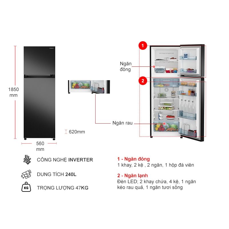 Kích thước tủ Lạnh 2 cánh Inverter 240 Lít Hitachi HRTN5255MFUVN Kích thước tủ Lạnh 2 cánh Inverter 240 Lít Hitachi HRTN5255MFUVN