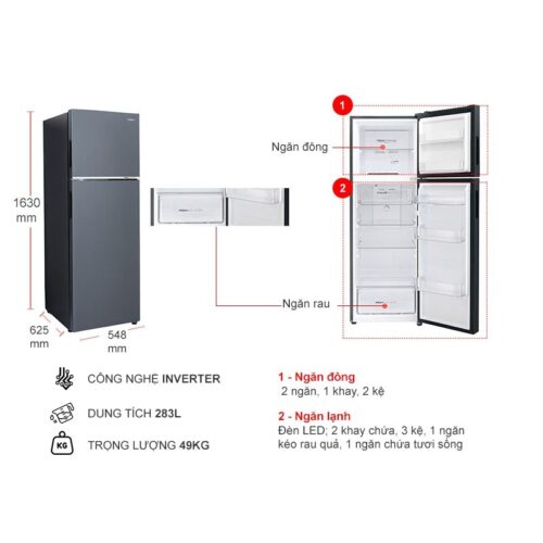 Kích thước tủ Lạnh 2 cánh Inverter 283 Lít Aqua AQR-T299FA(SL)