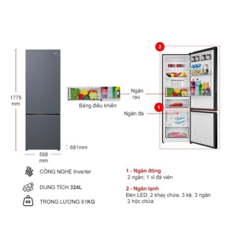 Kích thước tủ Lạnh 2 cánh Inverter 324 Lít Aqua AQR-B390MA(SLB)