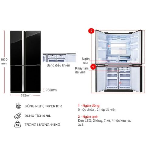 Kích thước tủ Lạnh 2 cánh side by side Inverter 678 Lít Sharp SJ-FX688VG-BK