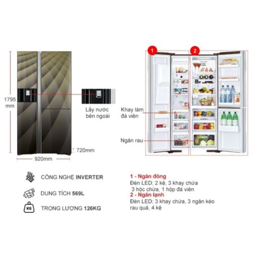 Kích thước tủ Lạnh 3 cánh side by side Inverter 569 Lít Hitachi R-FM800XAGGV9X DIA
