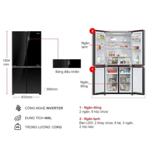 Kích thước tủ Lạnh 4 cánh Multi Doors Inverter 469 Lít Aqua AQR-M536XA(GB)