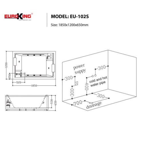 Kích thước bồn tắm Euroking EU-102S 2 skirts