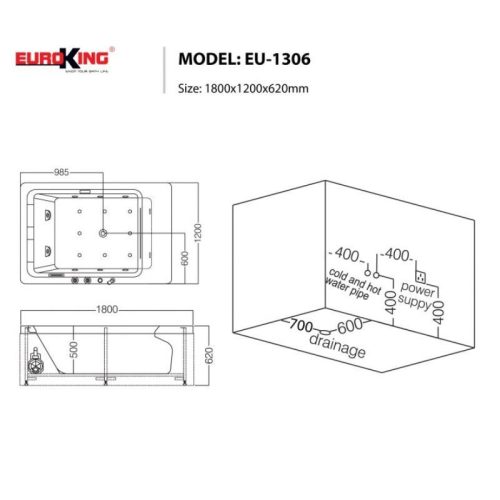 Kích thước bồn tắm Euroking EU-1306 with skirt
