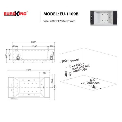 Kích thước bồn tắm massage EuroKing EU-1109B