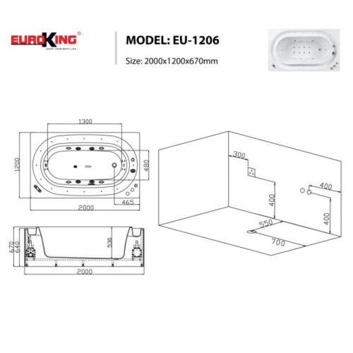 Kích thước bồn tắm massage Euroking EU-1206