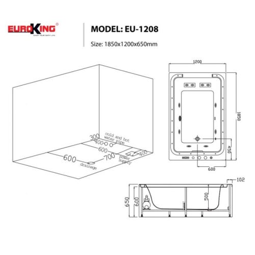 Kích thước bồn tắm massage Euroking EU-1208