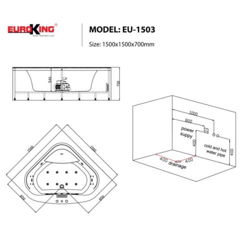 Bồn tắm massage EuroKing EU-1503 5 Kích thước bồn tắm massage EuroKing EU-1503