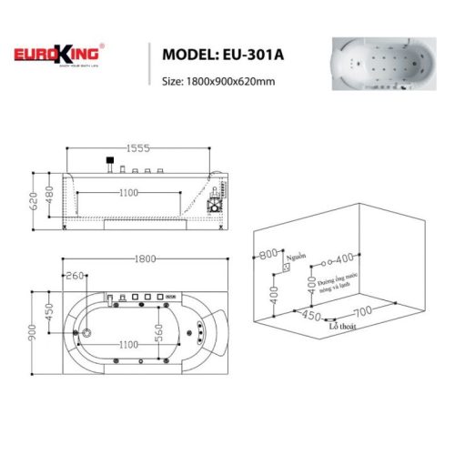 Kích thước bồn tắm massage EuroKing EU-301A