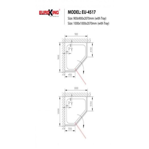Kích thước phòng tắm vách kính EuroKing EU-4517 900mm