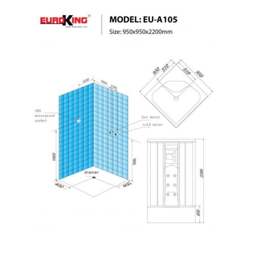 Kích thước phòng xông hơi Euroking EU-A105 Black